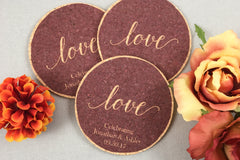 Love Script in Cranberry Cork Coaster Wedding Favors Personalized / Wedding Reception Cork Coaster Favors for Guests