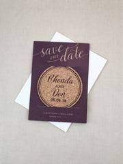Simple Elegant Burgundy Cork Coaster with Photo Save the Dates Includes A7 Envelopes