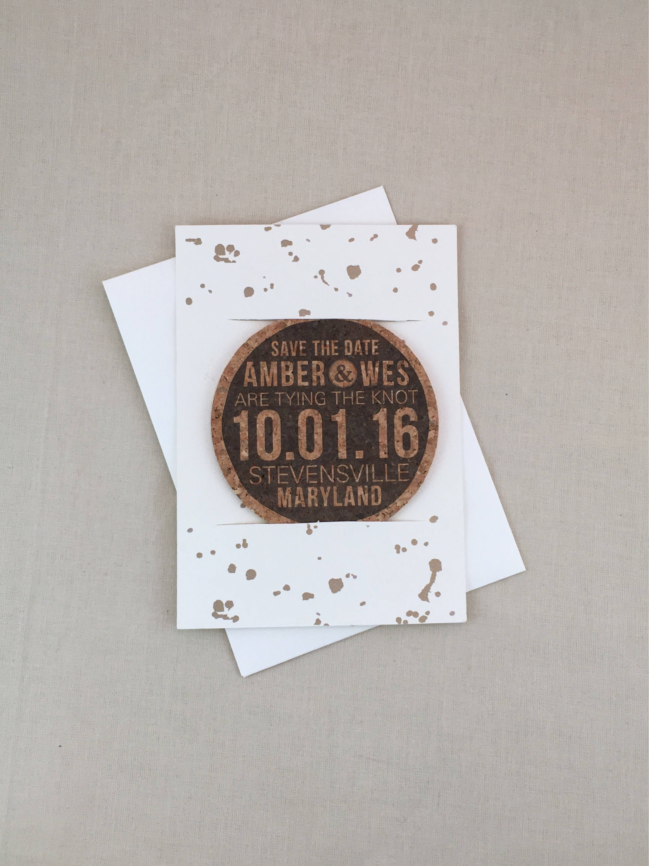 Tying the Knot Beige Spatter Design Cork Coaster Saves the Date with A7 Envelopes
