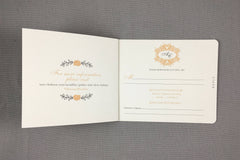Elegant Peach and Gray Monogram Flourish 3pg Wedding Livret Invitation with RSVP Postcard