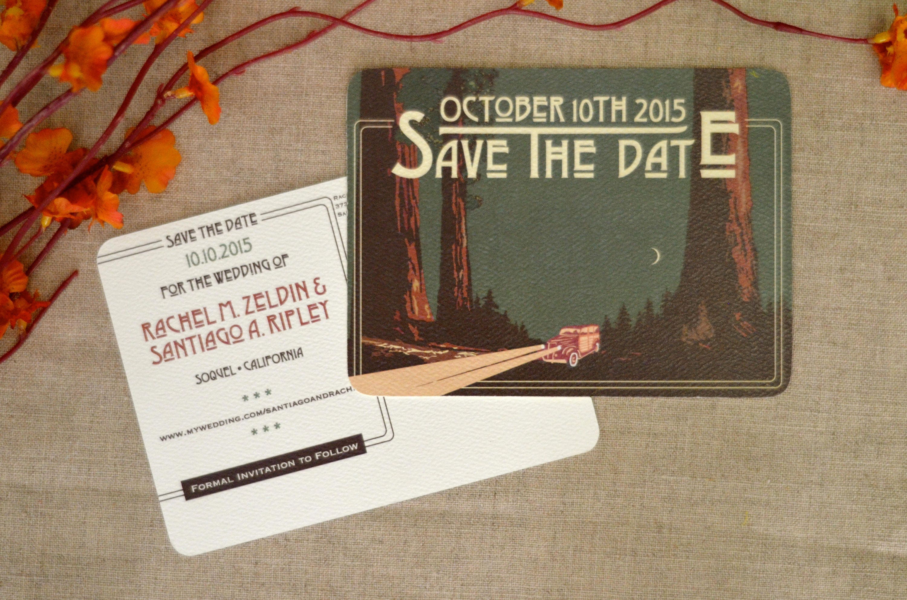 Sequoia Forest Craftsman Landscape Wedding Save the Date Postcard // Redwood Forest with Red Car Scenery