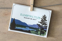 Montana Mountains with River Rustic Trifold with RSVP Postcard and Wedding Weekend Timeline