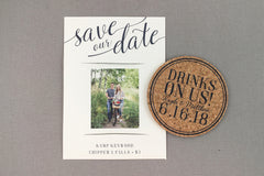 Navy and Cream Drinks on Us Cork Coaster Save the Date with Engagement Photos // Drinks on Us Wedding Cork Coaster