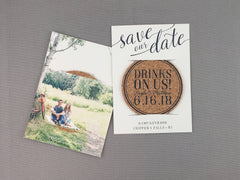 Navy and Cream Drinks on Us Cork Coaster Save the Date with Engagement Photos // Drinks on Us Wedding Cork Coaster