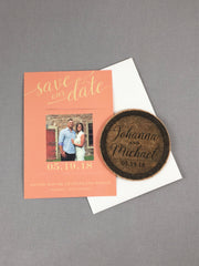 Vintage Wine Barrel Coral and Gold Script Cork Coaster Save the Date with Picture // Wedding Save the Date Cork Coaster // Winery Wedding