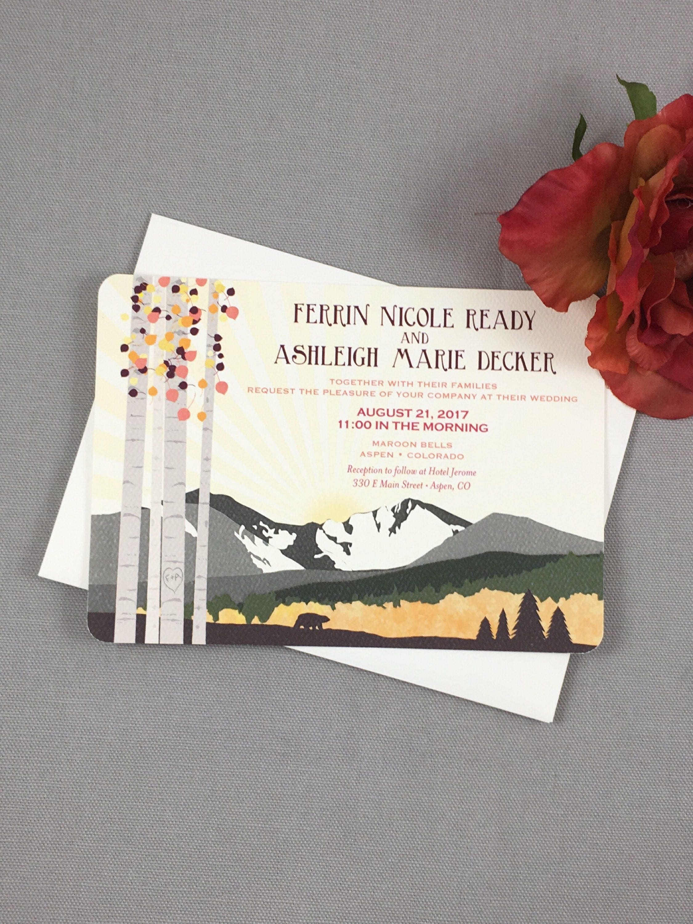 Autumn Snowy Longs Peak Colorado 5x7 Wedding Invitation with A7 Envelope