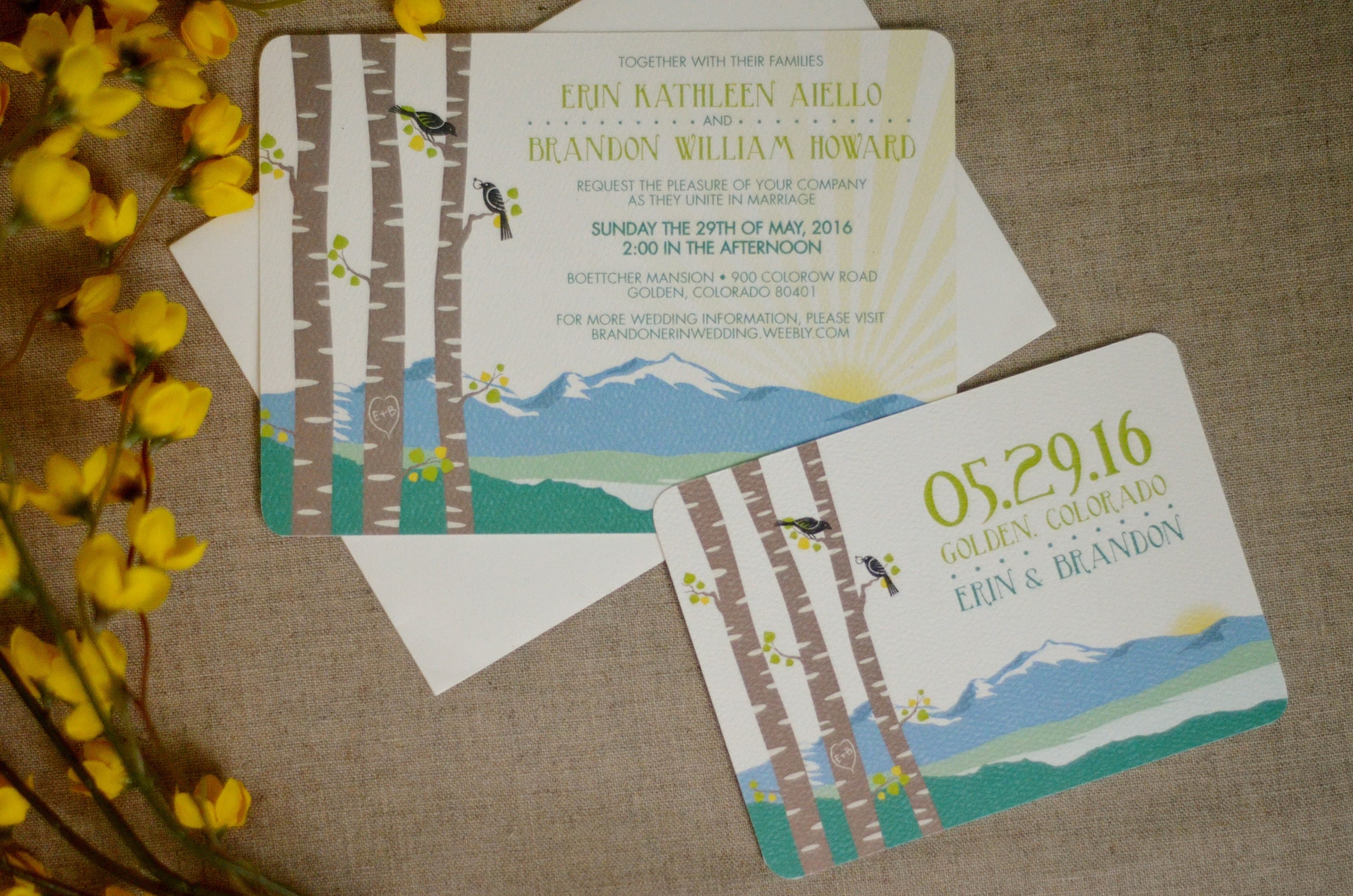 Longs Peak Colorado Mountain with BirchTrees Cornflower Blue and Yellow 5x7 Wedding Invitation with RSVP Postcard - BP1