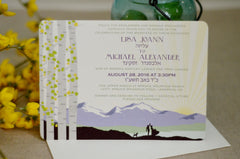 Longs Peak Colorado Mountain with BirchTrees Purple and Yellow 5x7 Wedding Invitation with RSVP Postcard