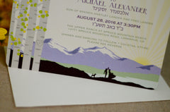 Longs Peak Colorado Mountain with BirchTrees Purple and Yellow 5x7 Wedding Invitation with RSVP Postcard