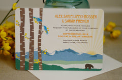 Spring Rocky Mountains with Birch Trees and Bear Art Nouveau Baby Blue and Green 5x7 Wedding Invitation Postcard
