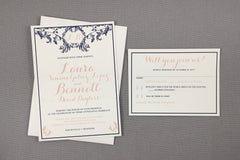 Art Nouveau Navy and Blush Script with Monogram 5x7 Wedding Invitation with RSVP Postcard