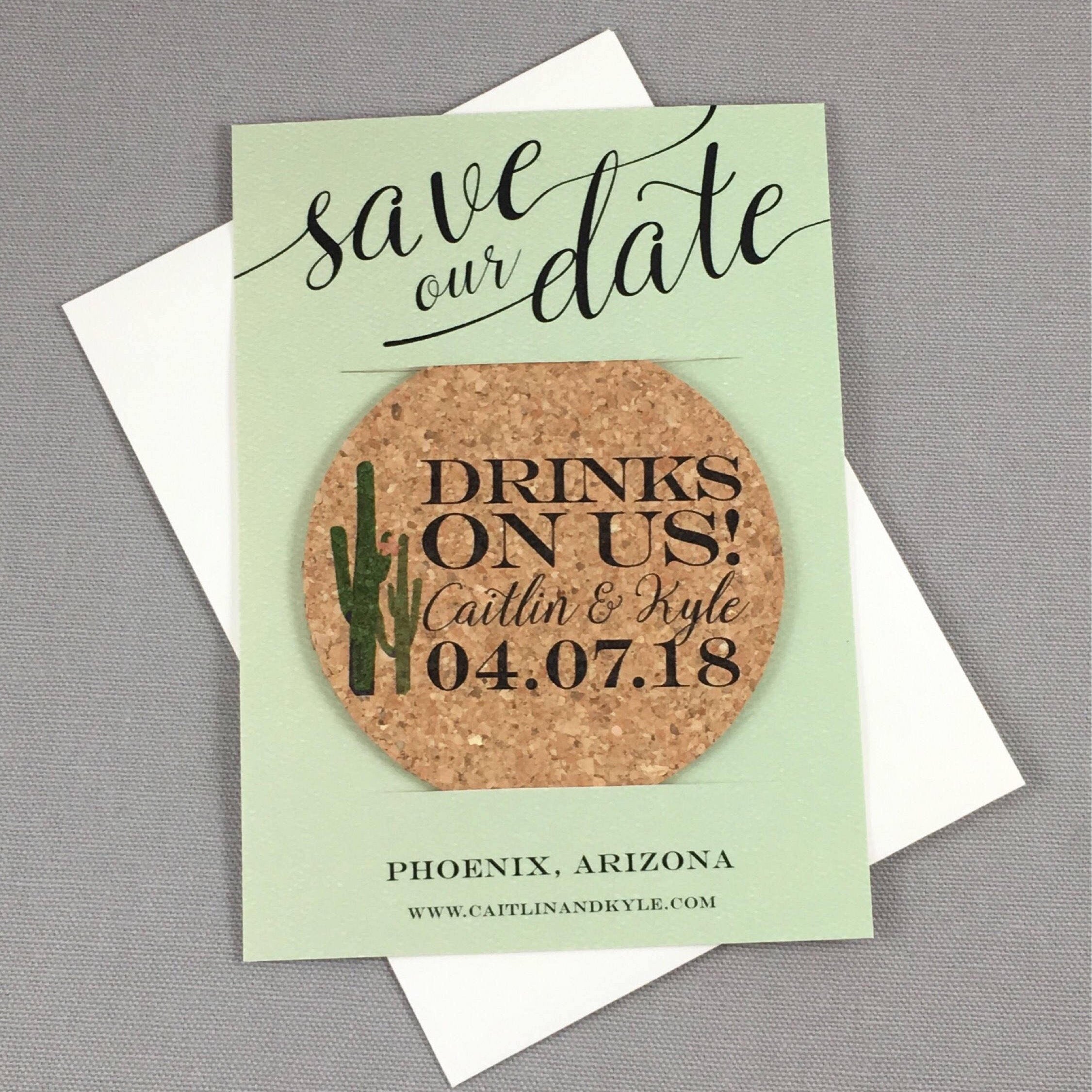 Arizona Desert with Cacti Cork Coaster Save the Date // Sage Green and Black // Desert Wedding Save the Date