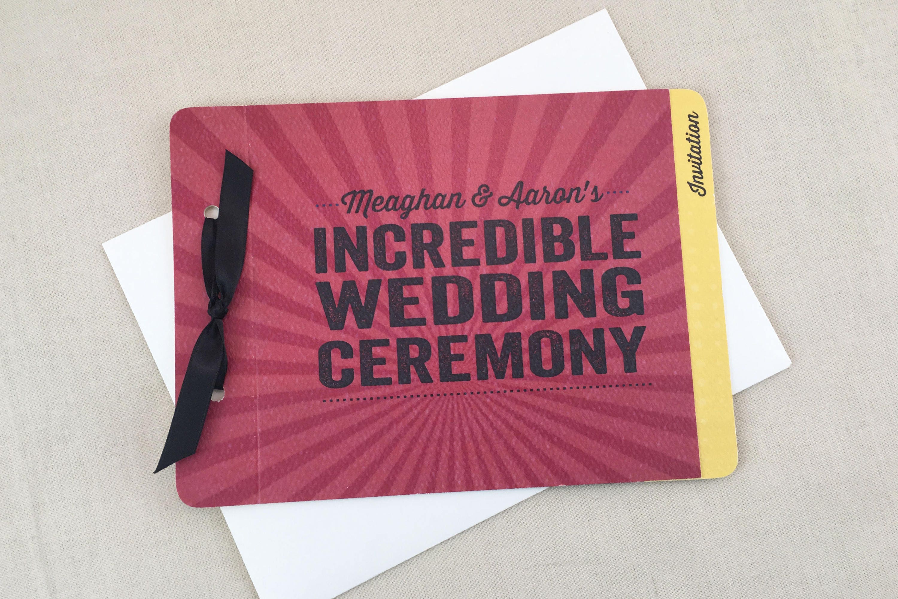 Superhero Comic Book Themed Red and Gold Wedding Invitation 2pg Booklet - TE1