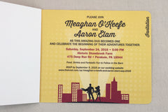 Superhero Comic Book Themed Red and Gold Wedding Invitation 2pg Booklet - TE1