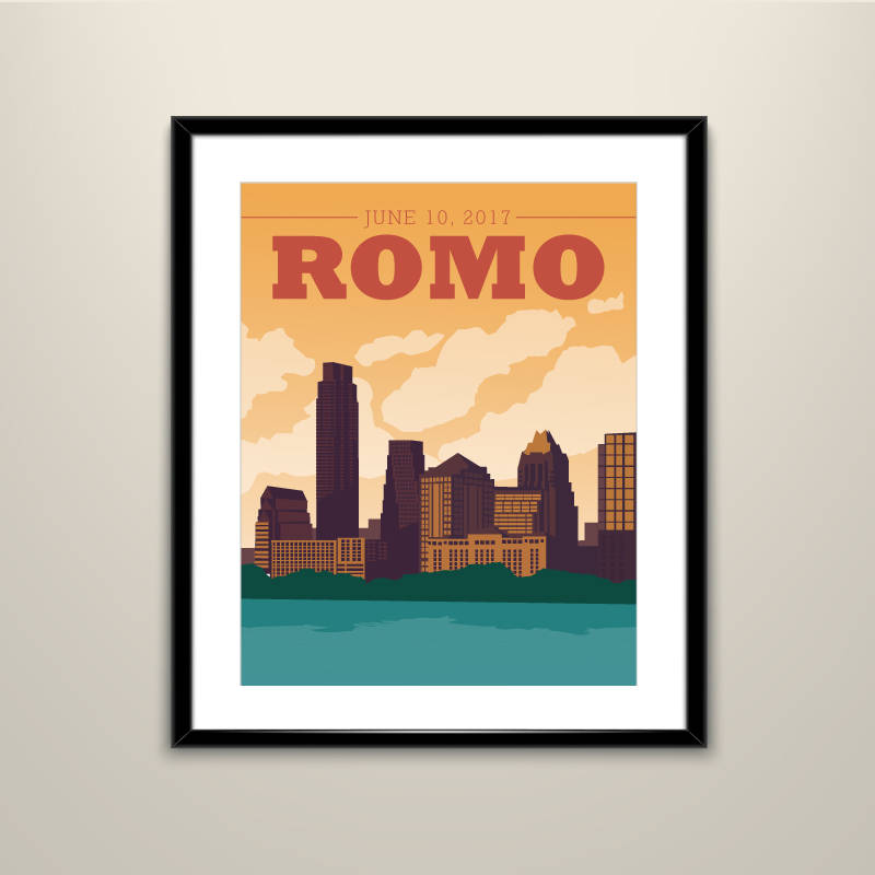 Austin Texas Skyline at Waterfront Sunset Vintage 11x14 Travel Wedding Poster Personalized with Names and date (frame not included)