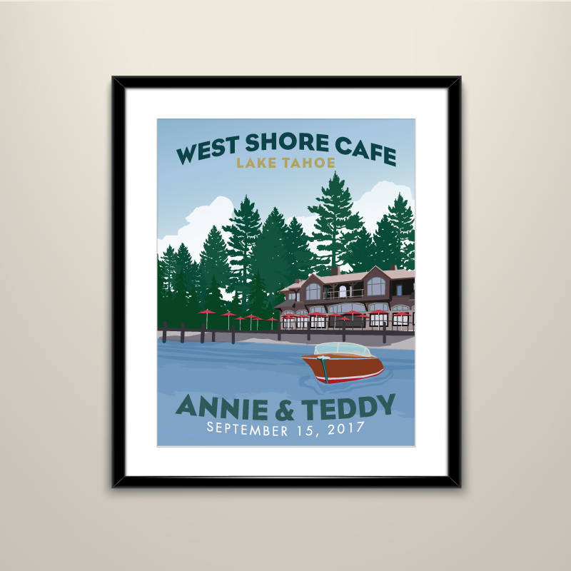 West Shore Cafe on Lake Tahoe with Wooden Boat 11x14 Vintage Travel Wedding Poster personalized with Names and date (frame not included)