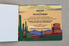 Vintage Arizona Desert Landscape 2pg Booklet Wedding Invitation with Cactus at Sunset - TE1