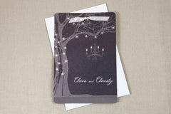 Rustic Tree with String Lights and Chandelier 2pg Vertical Booklet Wedding Invitation with Wedding Day Timeline - Grande Livret Booklet