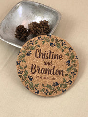 Personalized Floral Wreath with Script Cork Coaster Wedding Favors for Guests
