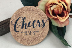 Cheers Navy and Blush Pink Cork Coaster Wedding Favors Personalized with Names and Wedding Date // Wedding Favors for Guests
