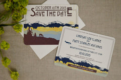 Rocky Mountain Blue and Brown Deer Landscape with Sunset Save the Date Wedding Note card with Envelope - BP1