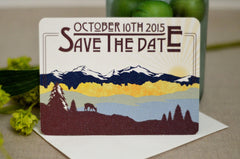 Rocky Mountain Blue and Brown Deer Landscape with Sunset Save the Date Wedding Note card with Envelope - BP1