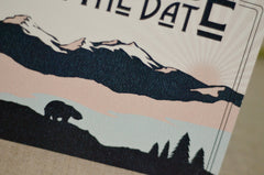 Rocky Mountain Navy Blue and Pink Bear Landscape with Sunset Save the Date 5x7 Wedding Postcard