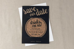 Drinks on Us Brush Script Cork Coaster Wedding Save the Date // Black and Gold Drinks On Us Cork Coaster Save the Date