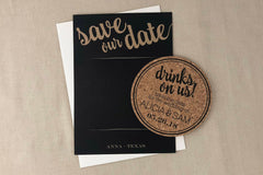 Drinks on Us Brush Script Cork Coaster Wedding Save the Date // Black and Gold Drinks On Us Cork Coaster Save the Date