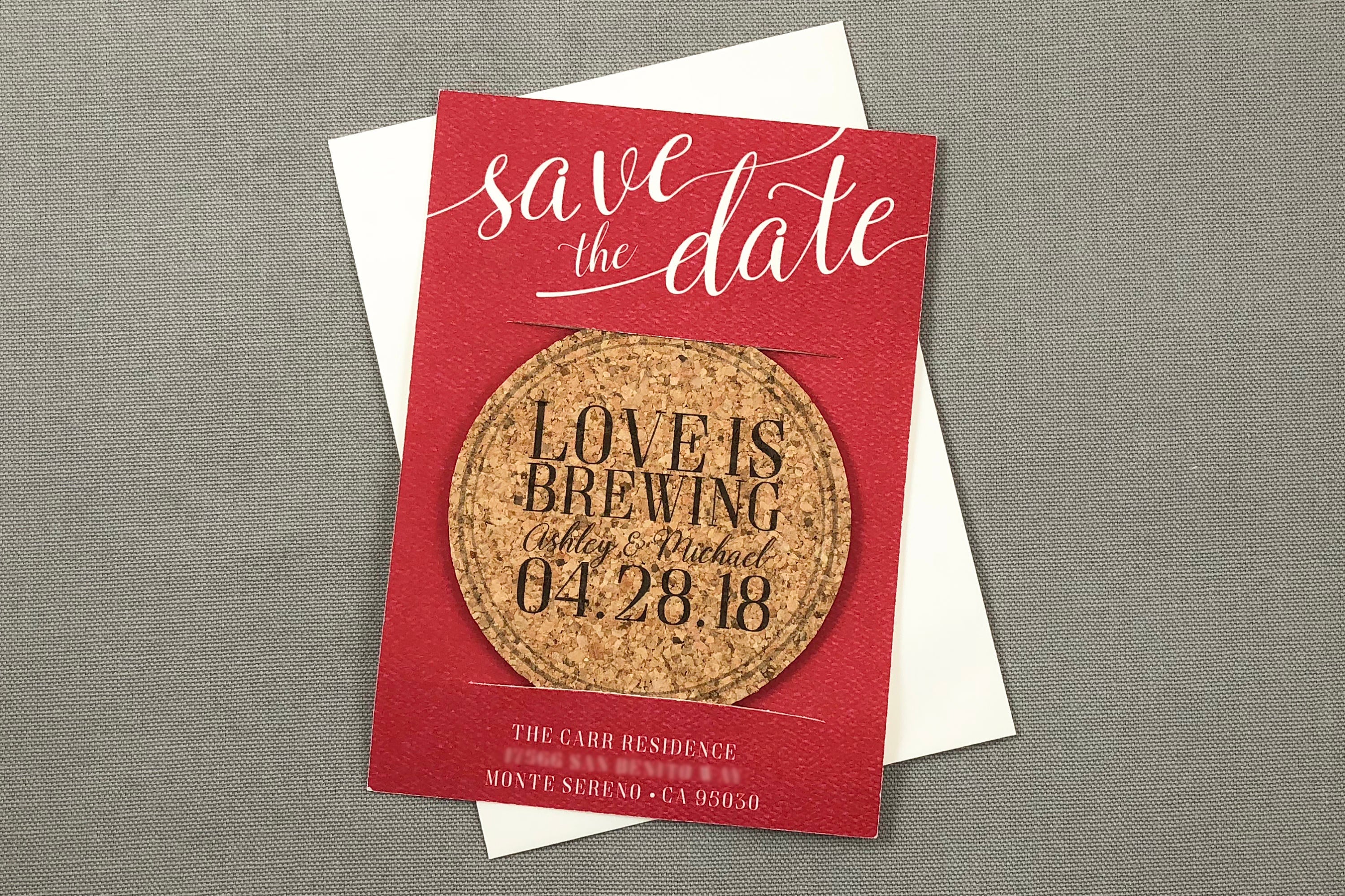 Love is Brewing Save the Date Cork Coaster Red and Black // Coaster Wedding Save the Date