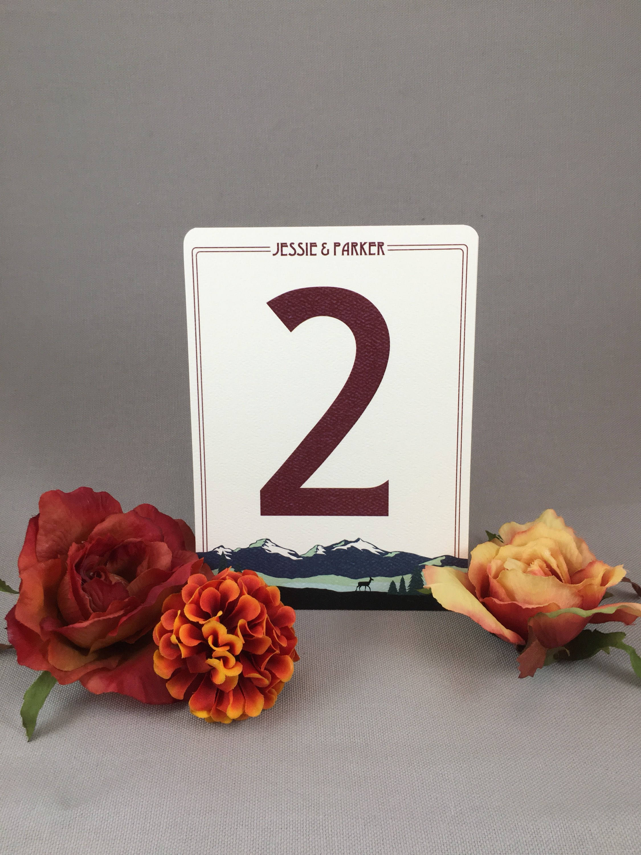 Rocky Mountain Blue and Brown 5X7 2 sided Table Number with deer