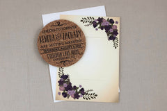 Vintage Eggplant and Purple Floral Cork Coaster Save the Date with A7 Envelope