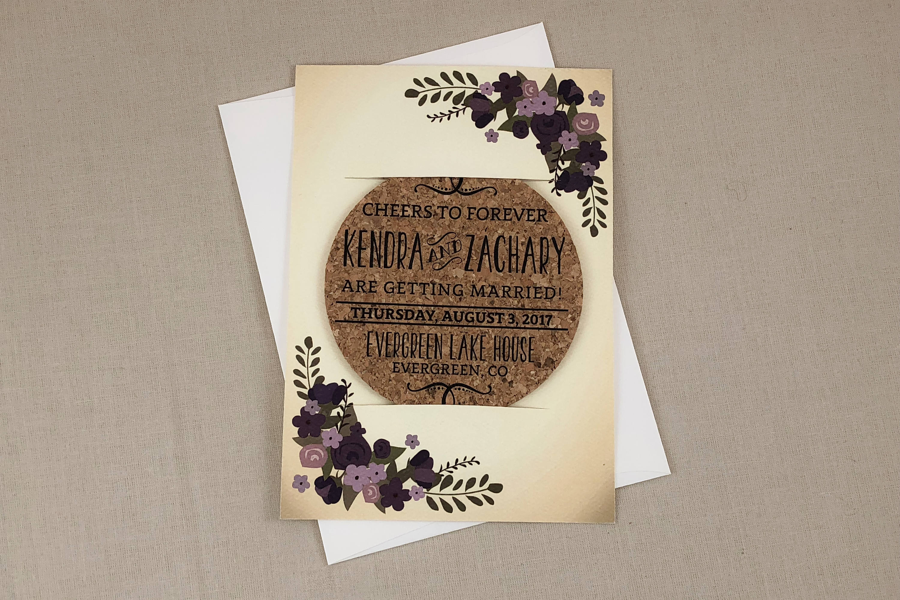Vintage Eggplant and Purple Floral Cork Coaster Save the Date with A7 Envelope