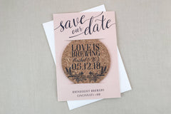 Barley and Hops Wreath Love is Brewing Save the Date Cork Coaster // Blush Pink and Navy Brewery Wedding Save the Date