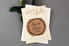 Champagne Gold and Burgundy Wreath Cork Coaster Save the Date // Elegant Gold and Burgundy Script Coaster Save the Date