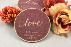 Love Script in Cranberry Cork Coaster Wedding Favors Personalized / Wedding Reception Cork Coaster Favors for Guests
