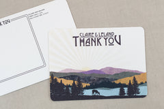 Rustic Fall Appalachian Purple and Yellow Mountains with Evergreens Wedding Thank You Postcards