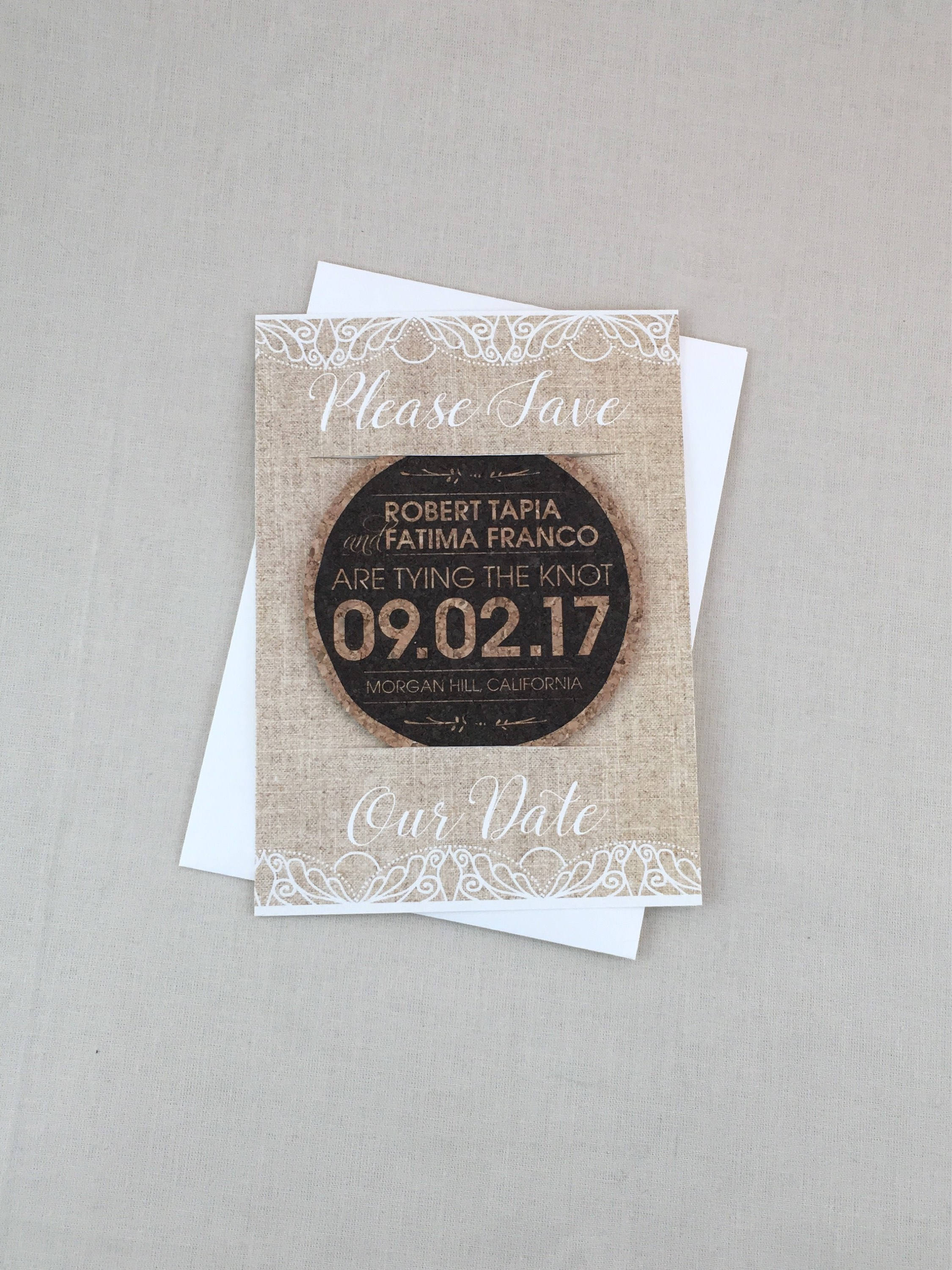 Lace and Linen Tying the Knot Cork Coaster Please Save our Date Announcement with A7 Envelopes - JA1
