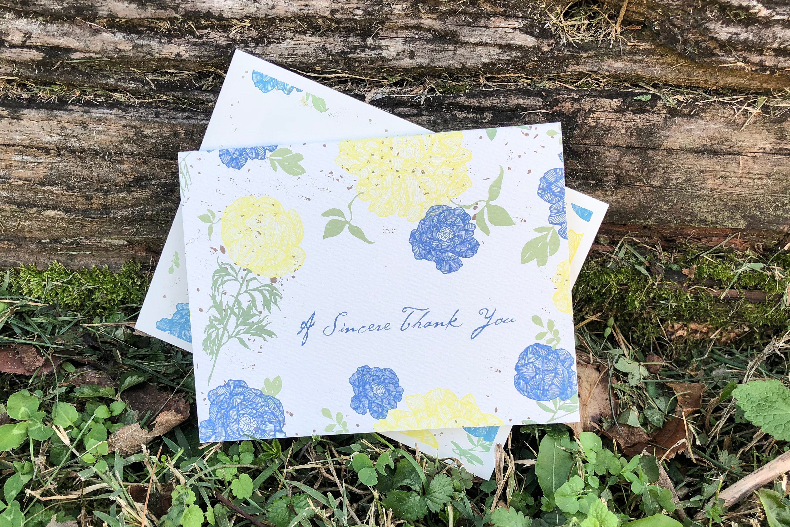 Blue and Yellow Whimsical Garden Flowers Wedding Thank You Broad Fold Cards