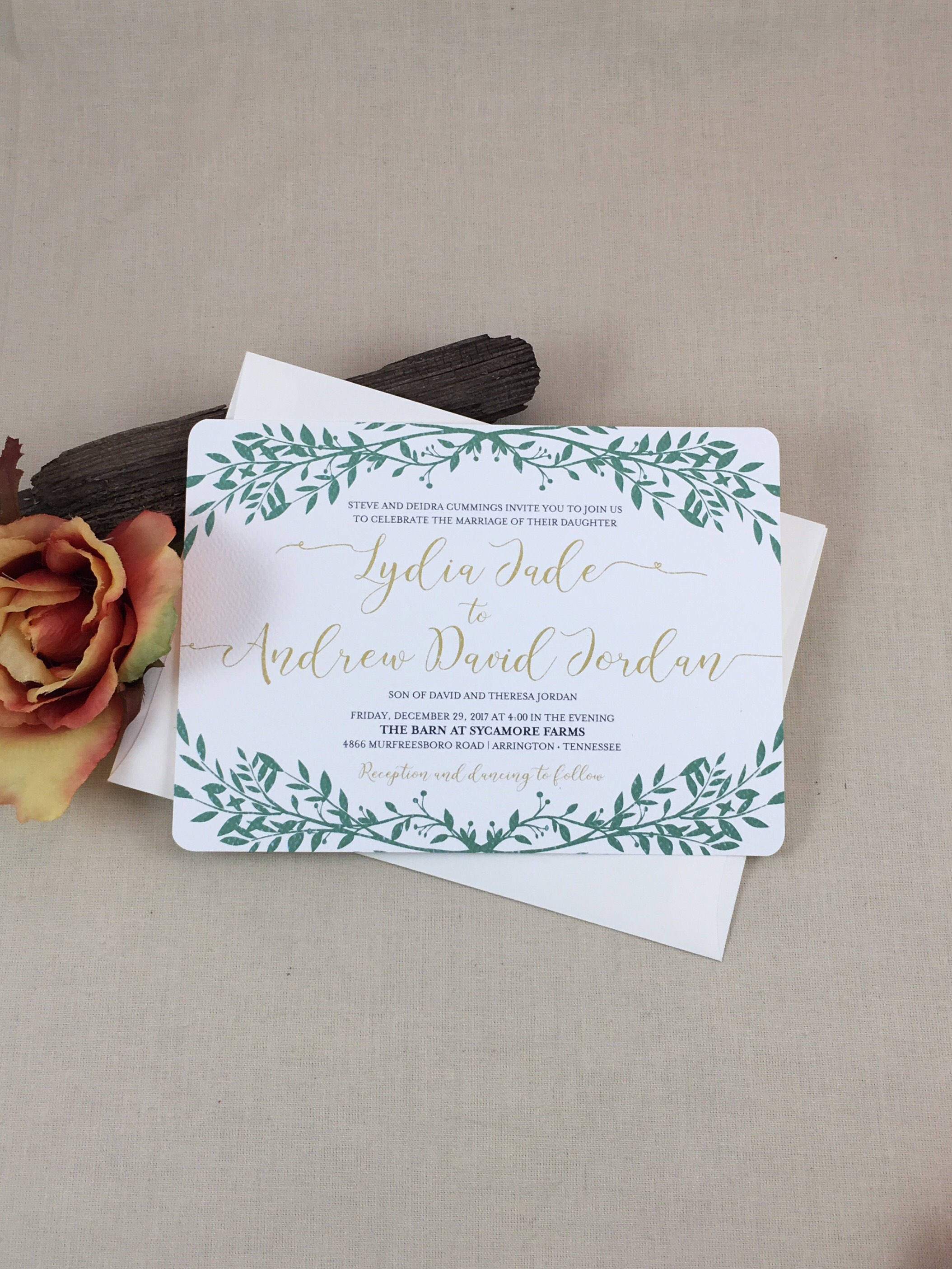 Flourish Greenery with Gold Script 5x7 Wedding Invitation Includes A7 Envelopes - JA1