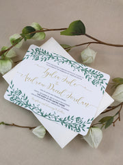Flourish Greenery with Gold Script 5x7 Wedding Invitation Includes A7 Envelopes - JA1