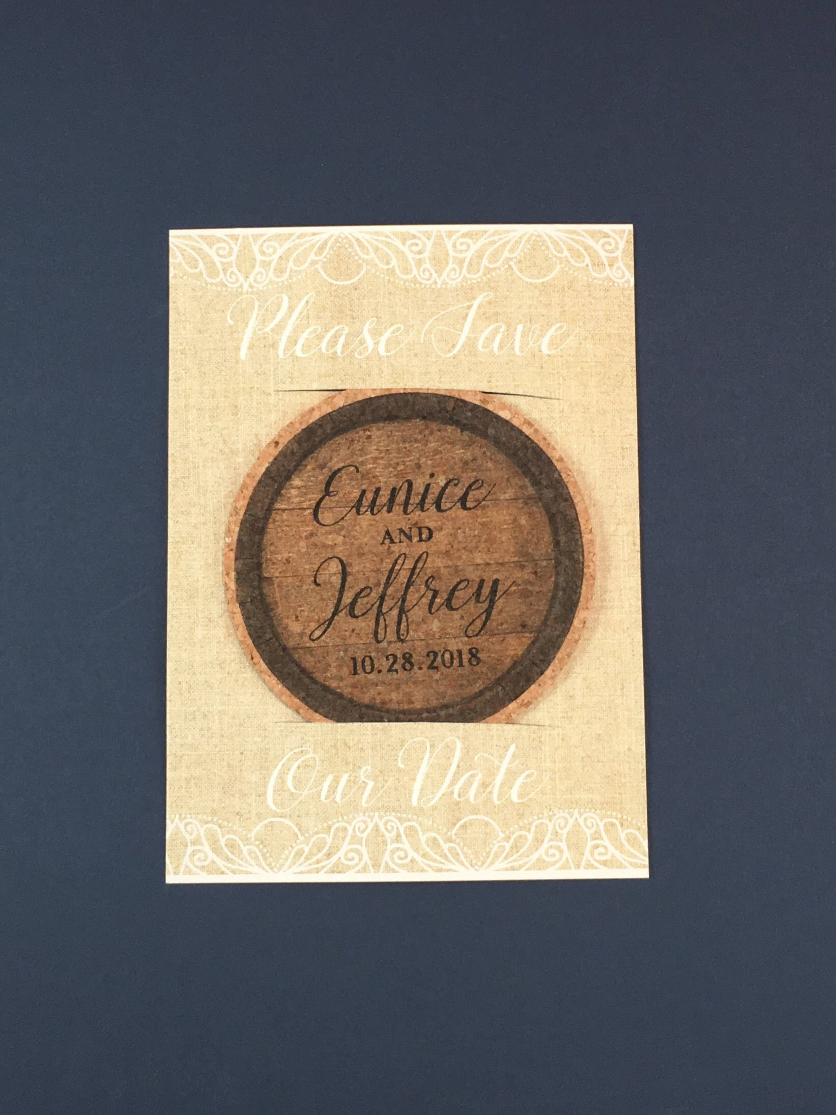 Rustic Lace and Linen with Wine Barrel Cork Coaster Save the Date Includes A7 Envelopes