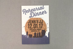 Dusty Blue Nashville Skyline Rehearsal Dinner Cork Coaster Invitation // Nashville Rehearsal Dinner Invite