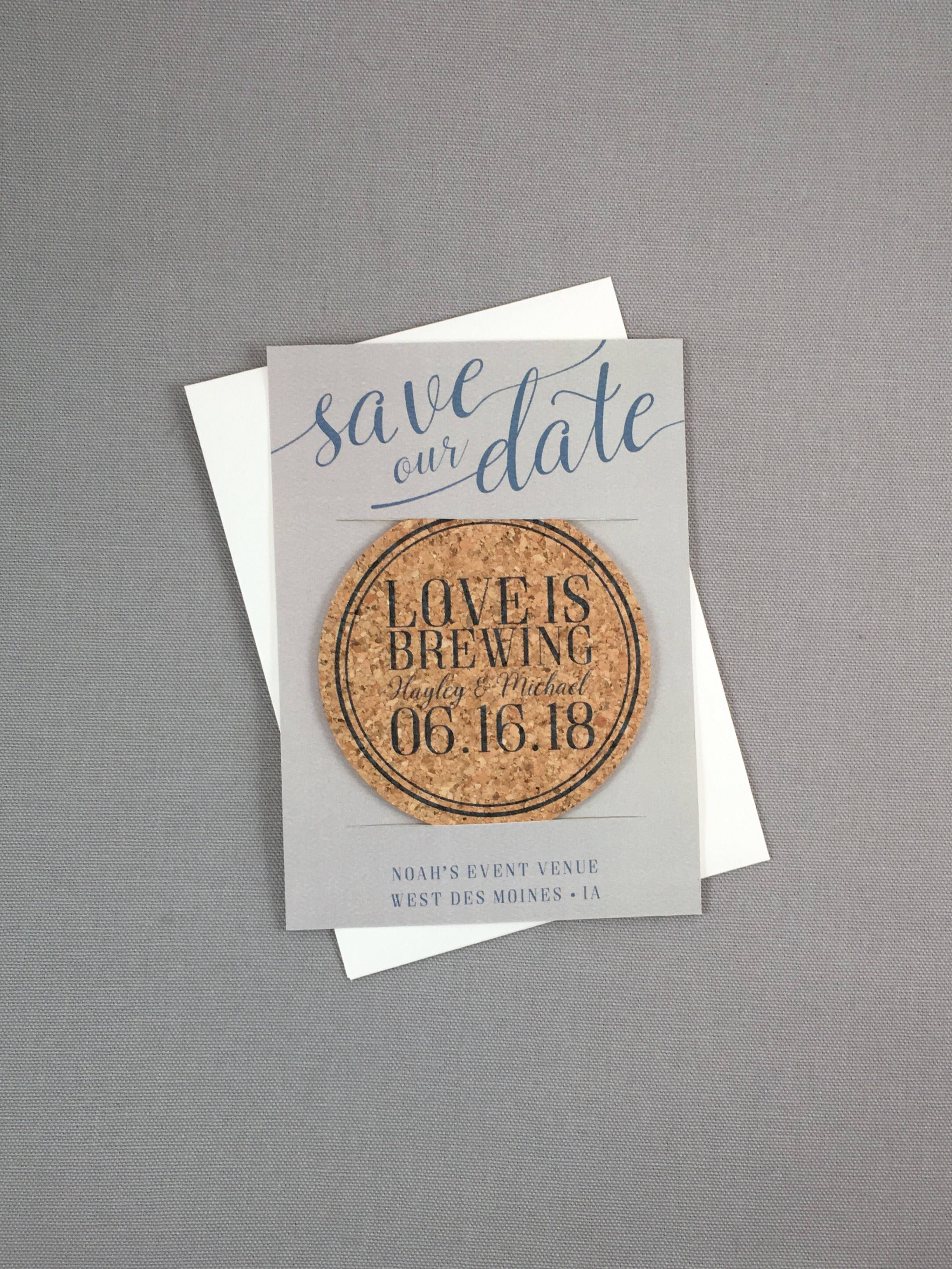 Dusty Blue and Grey Love is Brewing Cork Coaster Save the Dates with A7 Envelopes // Brewery Wedding Save the Date