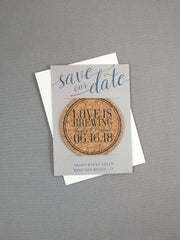 Dusty Blue and Grey Love is Brewing Cork Coaster Save the Dates with A7 Envelopes // Brewery Wedding Save the Date