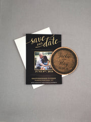 Vintage Wine Barrel Cork Coaster Save the Date with Photo and A7 Envelopes // Elegant Black and Gold Save the Date