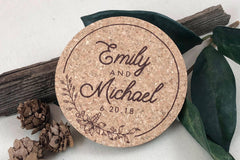Rustic Hand Drawn Floral Wreath with Burgundy Script Personalized Cork Coaster Wedding Favors for Guests - TE