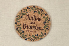 Personalized Floral Wreath with Script Cork Coaster Wedding Favors for Guests