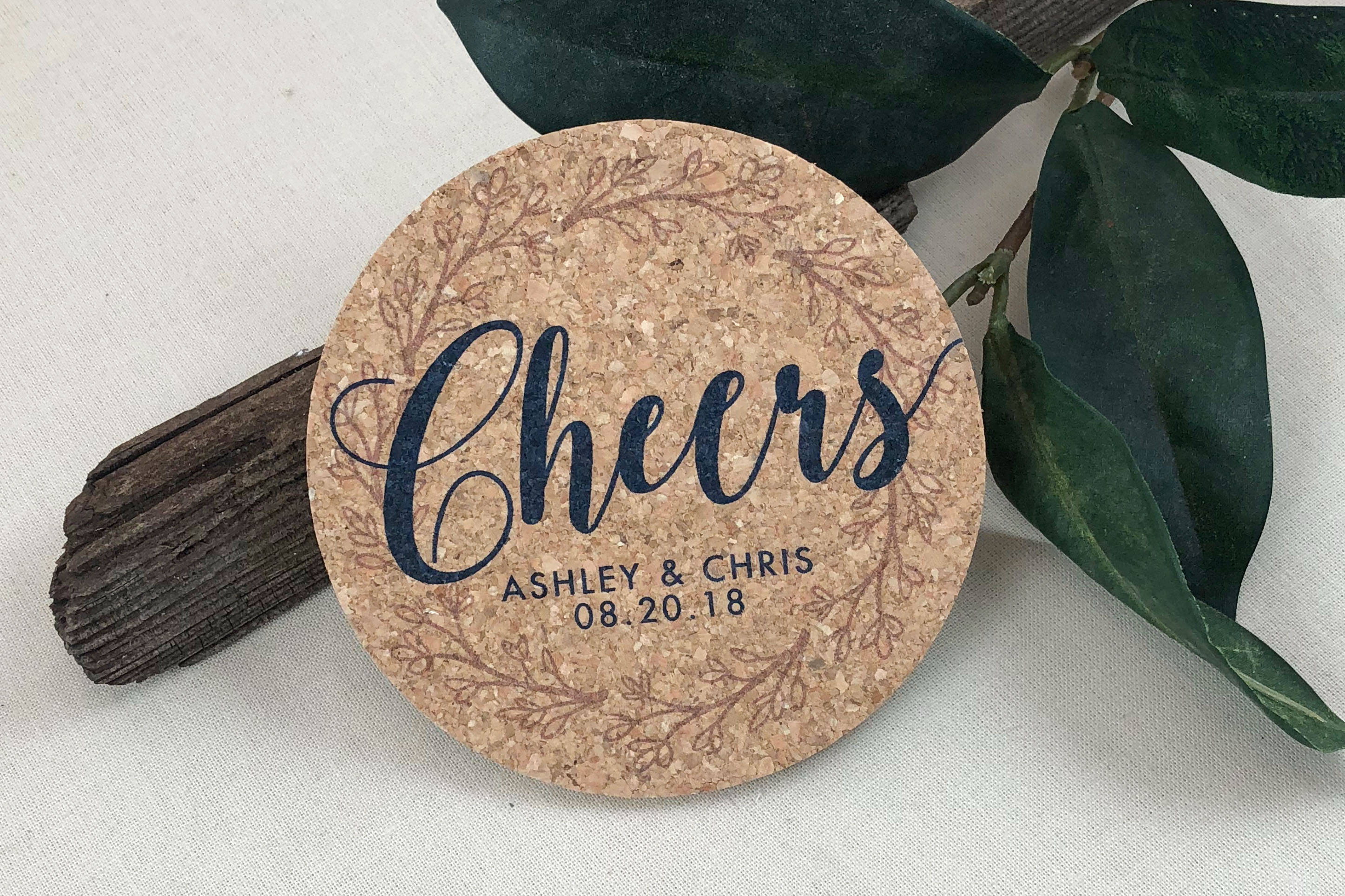 Cheers Navy and Blush Pink Cork Coaster Wedding Favors Personalized with Names and Wedding Date // Wedding Favors for Guests