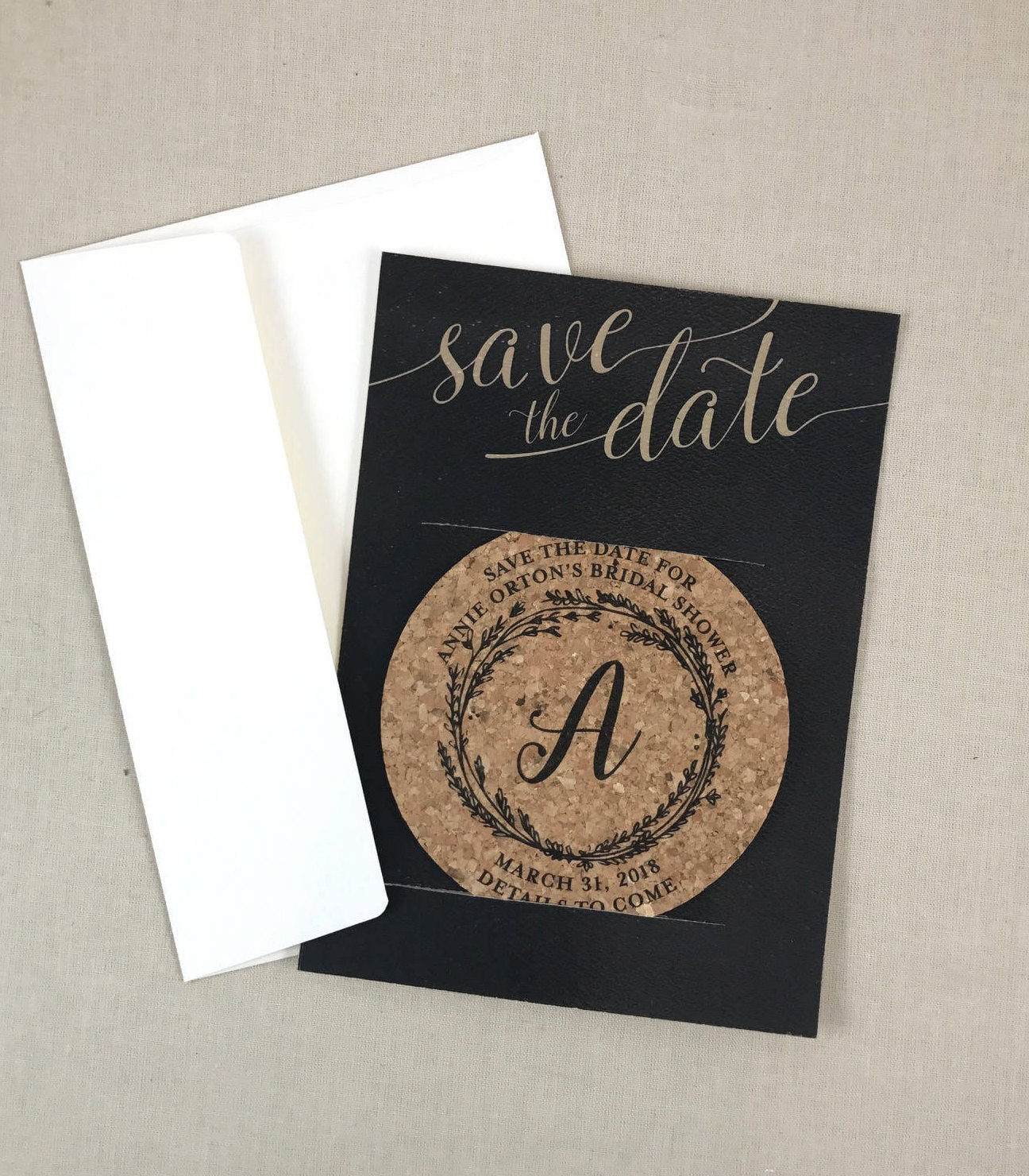 Monogram Wreath Cork Coaster Bridal Shower Save the Date with A7 Envelopes